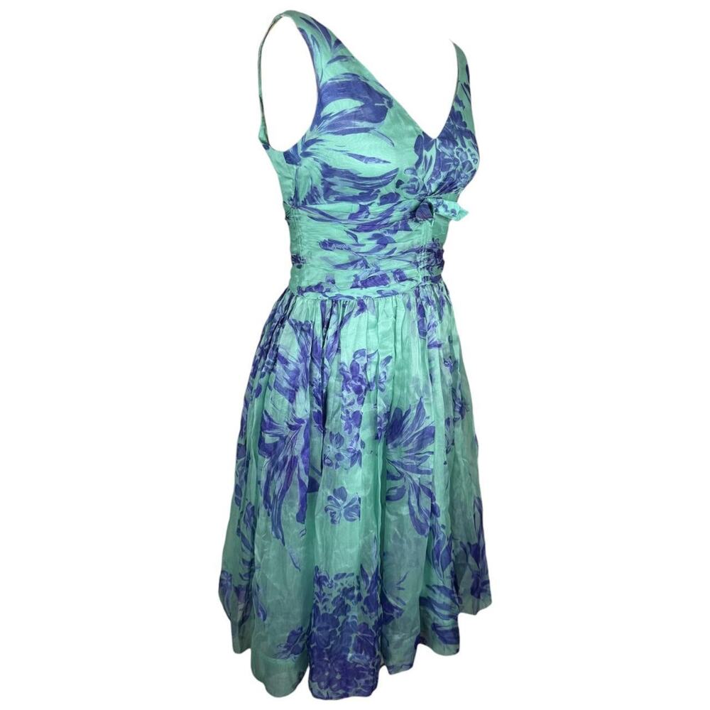 Y2K Elevenses Romantic 100% Silk Mint Green Blue Floral Dress Size 4